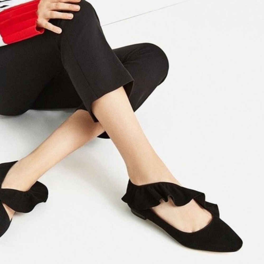 Zara Black Suede Ruffle Flats